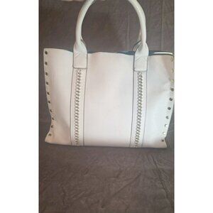 Kate Landry White Faux Pebbled Leather Gold Chain Studded Large Tote Bag. HL8